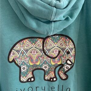 ivory ella teal hoodie with multicolor patterned elephant